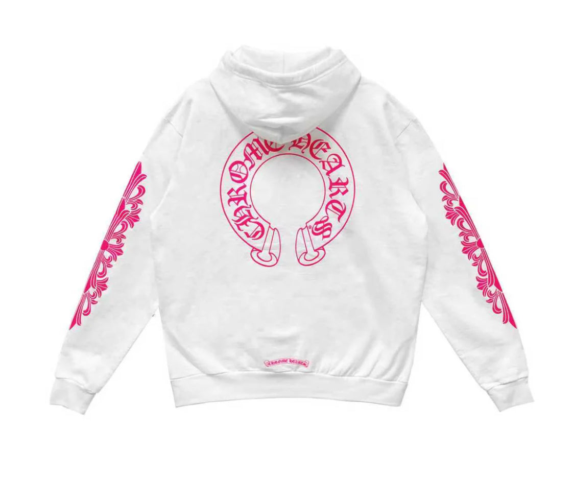 Chrome Hearts Pink Horseshoe Floral Sleeve White Hoodie