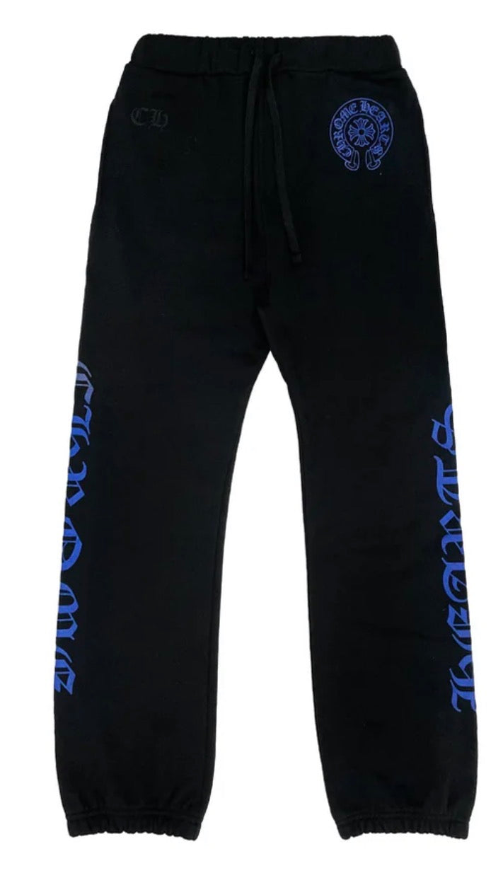 Chrome Hearts Blue Horseshoe Script Black Sweatpants
