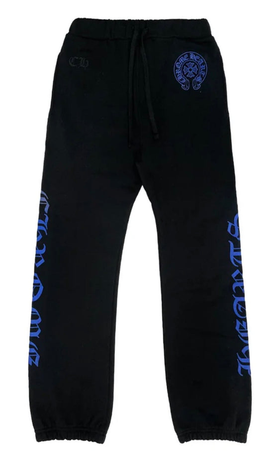 Chrome Hearts Blue Horseshoe Script Black Sweatpants