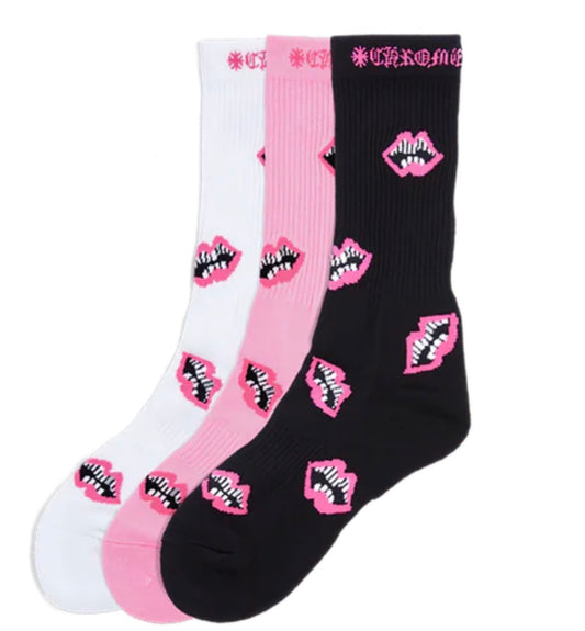Chrome Hearts Matty Boy Chomper Pink Black White Lips Mouth Socks (3 Pack)