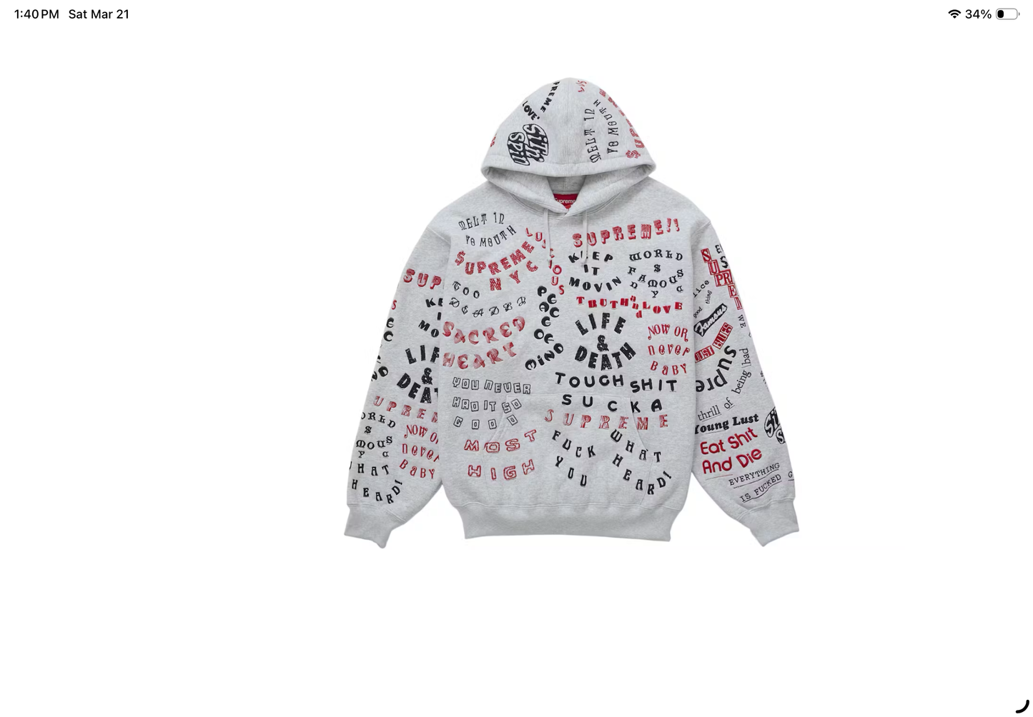 Supreme Too Deadly Hooded Sweatshirt (Ash Grey)