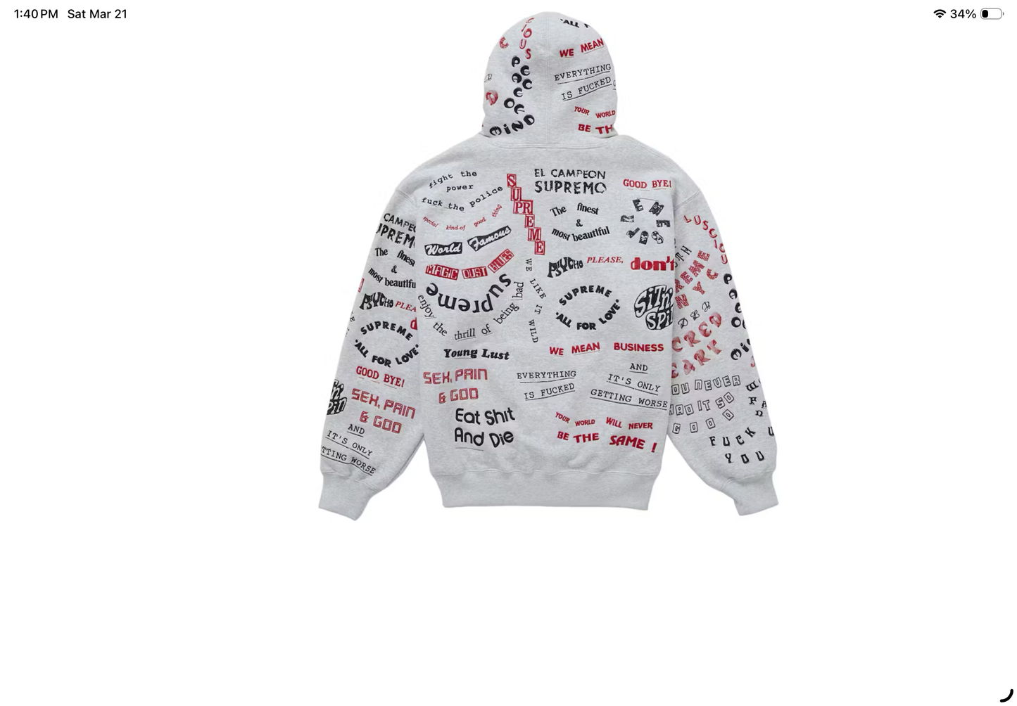 Supreme Too Deadly Hooded Sweatshirt (Ash Grey)