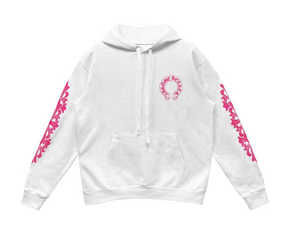 Chrome Hearts Pink Horseshoe Floral Sleeve White Hoodie