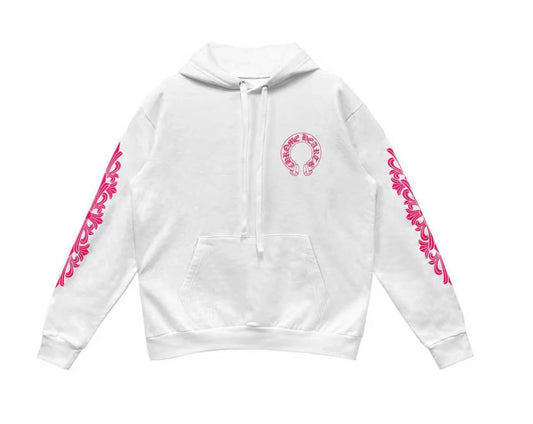 Chrome Hearts Pink Horseshoe Floral Sleeve White Hoodie
